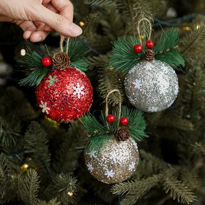 Glitter Christmas Ball Ornament Sequins Foam Ball Ornaments with Berry Pinecones Christmas