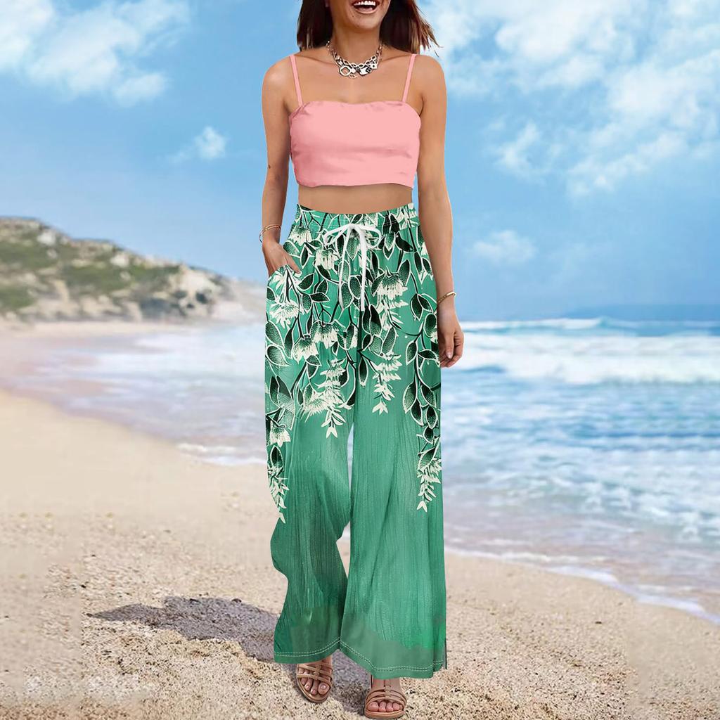 Dámské letní kalhoty Boho Palazzo s vysokým pasem a širokými nohavicemi s květinovým potiskem ležérní kalhoty s kapsami