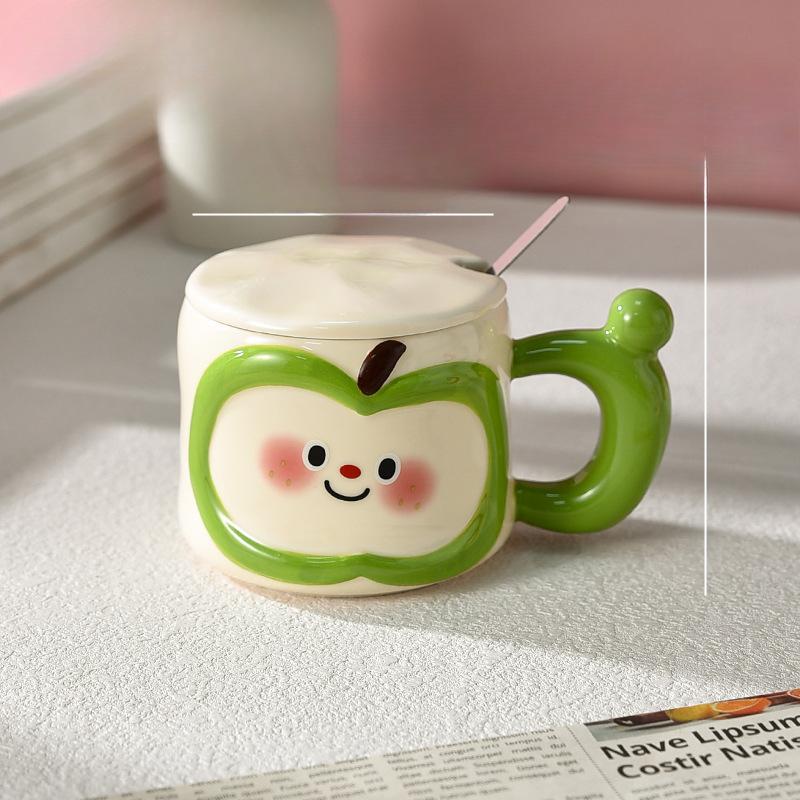 Cute Apple Mug Couple Design Feeling Niche with Lid with Spoon Ceramic Household Lady's High Pretty Drinking Water Cup
