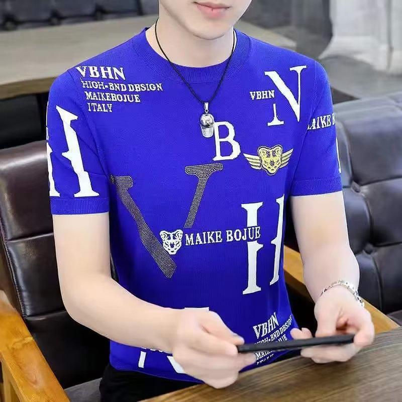 

Мужская летняя модная полосатая футболка Ice Silk с короткими рукавами и круглым вырезом, коллекция 2024 года 4XL синий