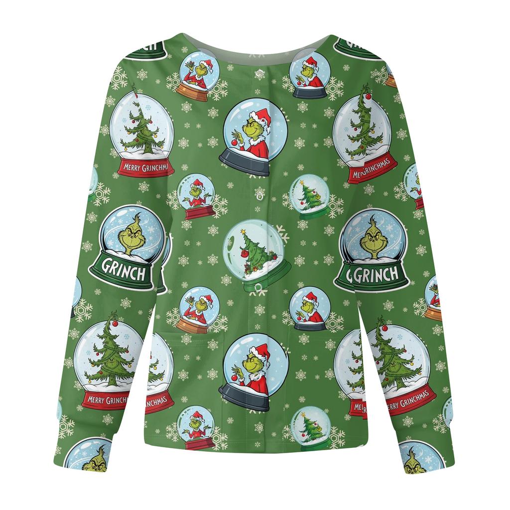 Women's Casual Fashion Long Sleeve Standing Collar Single Breasted Christmas Print Workwear Jacket Tops