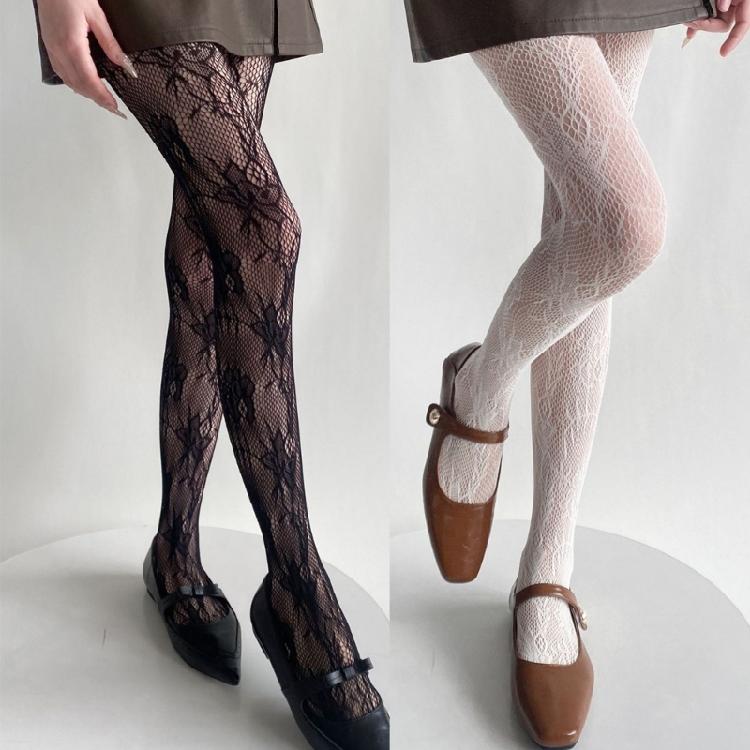 Women JK Hollowed Flower Jacquard Pantyhose Sexy Fishnet Lace Tights Leggings