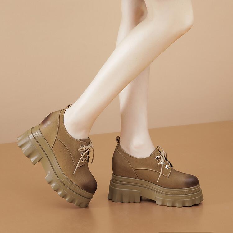 Small Leather Shoes Women's 10cm Inner Height Increase Front Lace-up Single Shoes Genuine Leather 2025 New Thick-soled Ultra-high Heel Muffin Bottom