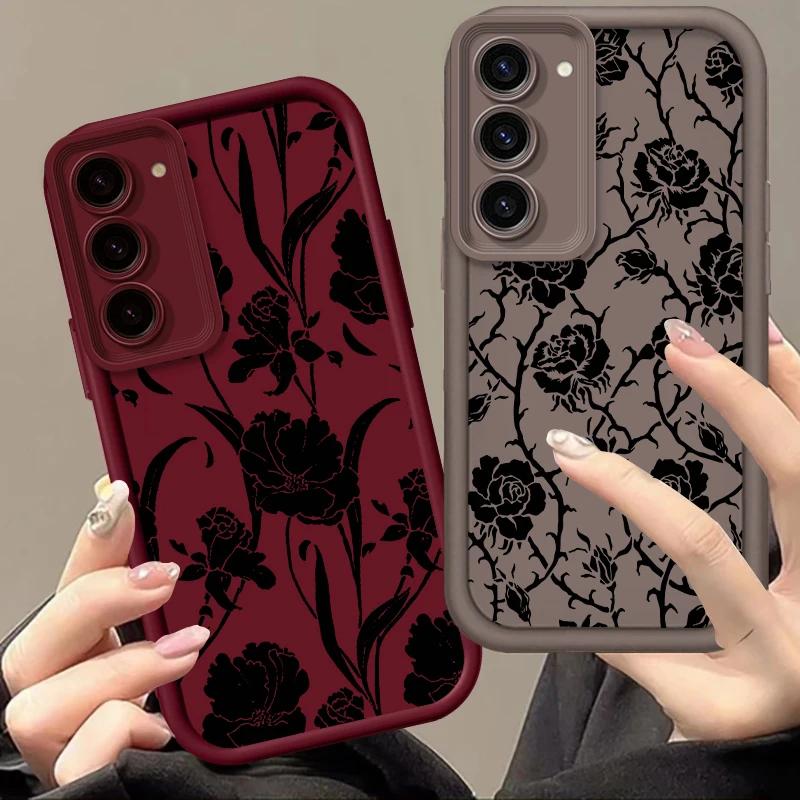 Black Rose Flower INS For Samsung Galaxy Case S24 S23 S22 S21 Ultra Plus Fe A55 A54 A53 A52 A35 A25 A15 A14 5G Phone Y2k Cover