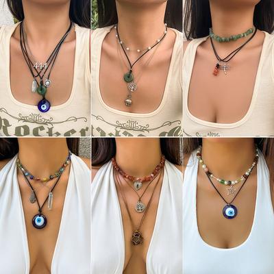 Vintage Devil's Eye Türkis Anhänger Perlenkette, Damen Wachsschnur Halskette Schlüsselbeinkette