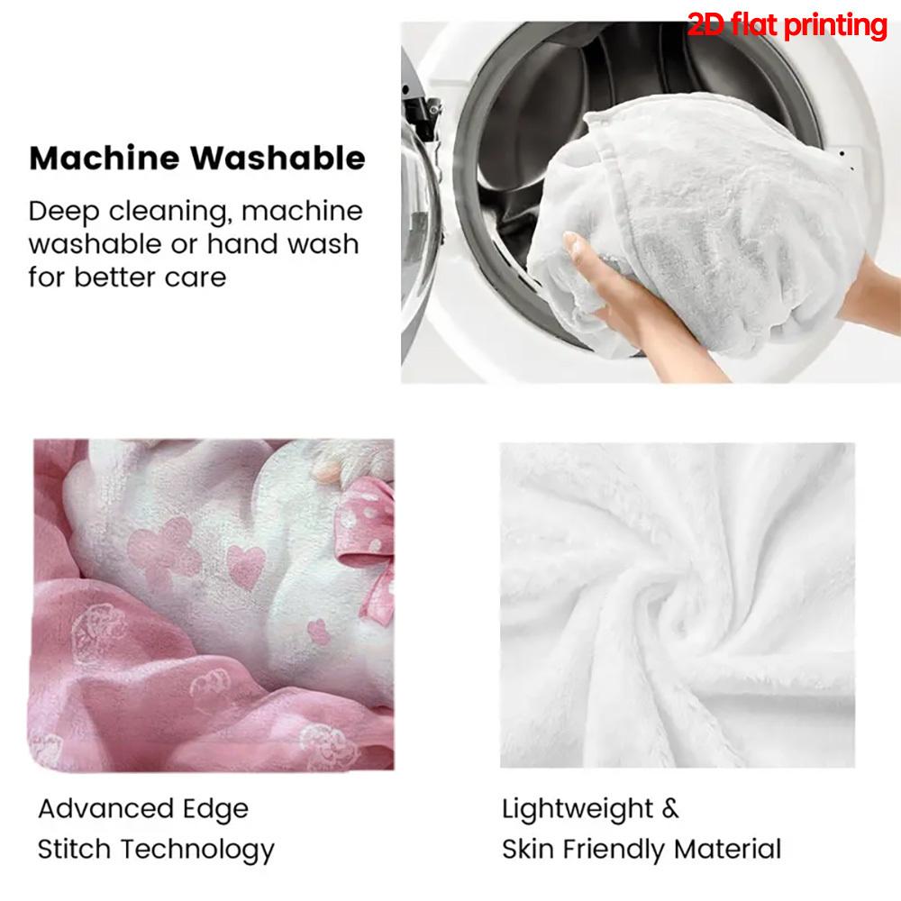 White Bunny With Pink Bow Printed Blanket Soft Warm Lightweight for Travel Camping Home Office Use