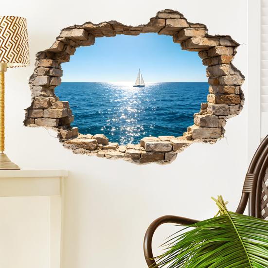 Yousheng 3D Broken Wall Ocean View Sticker, Coconut Tree Beach Decorative Decal, Waterproof Peel-And-Stick Wall Art for Living Room, Bedroom,