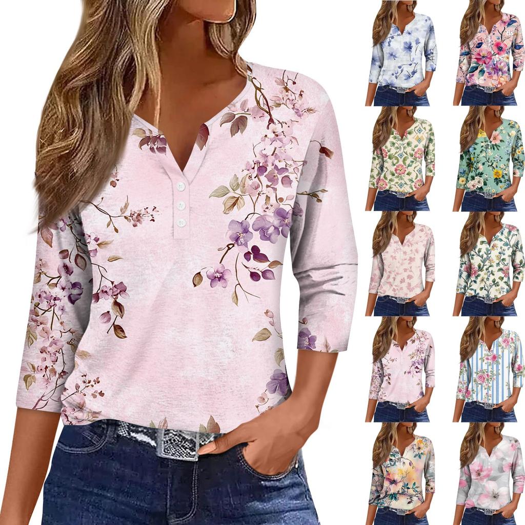Women's Loose Casual Flower Print Seven Quarter Sleeved V-Neck Top Seven Quarter Sleeved V-Neck Top