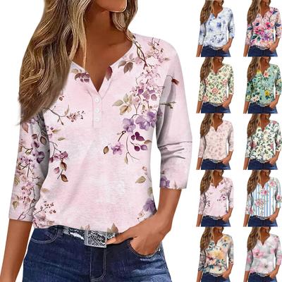Blusa holgada informal con estampado floral y mangas de siete cuartos con cuello en V para mujer