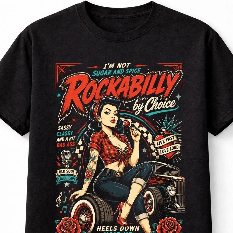 Rockabilly By Choice Pin Up Hot Rod Retro Tattoo Girl Graphic Unisex TShirt S