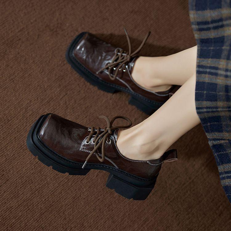 Thick-soled Thick-heeled Sheepskin Single Shoes Women's 2025 Spring New British Square Head High-heeled Muffin Sole Lace-up Casual Leather Shoes