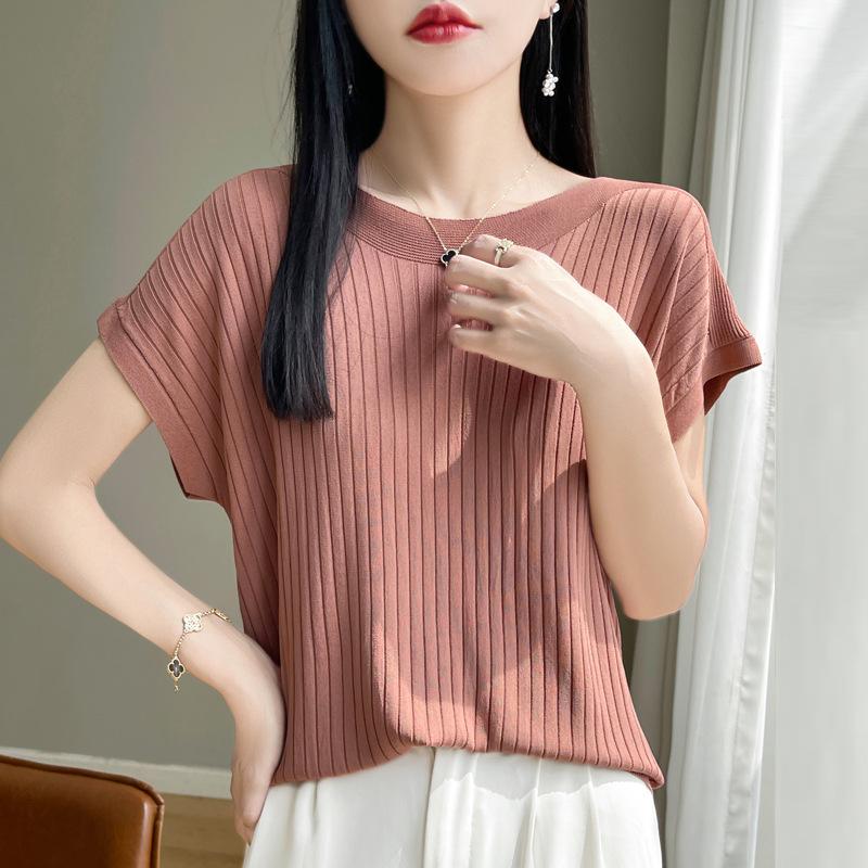 Fashion Slash Neck Women Sweater Ice Silk Spring Summer Women Loose Casual Shirts Short Sleeve Top