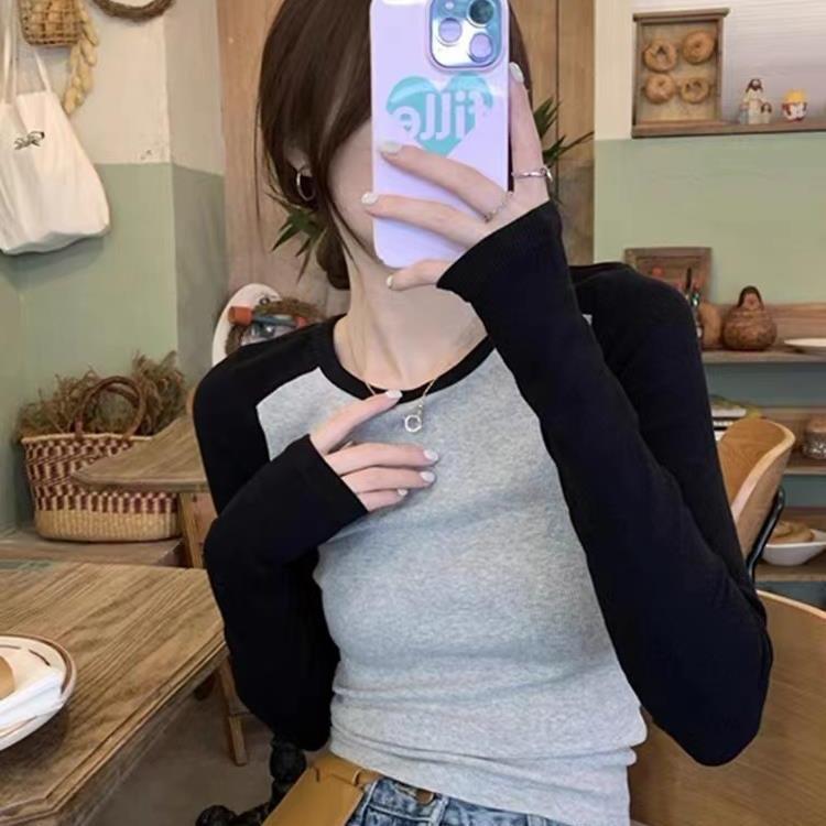 Autumn and Winter Round Neck Pure Cotton Color Blocked Long Sleeved T-shirt for Women Interior Slimming and Slimming Long Sleeved Base Shirt