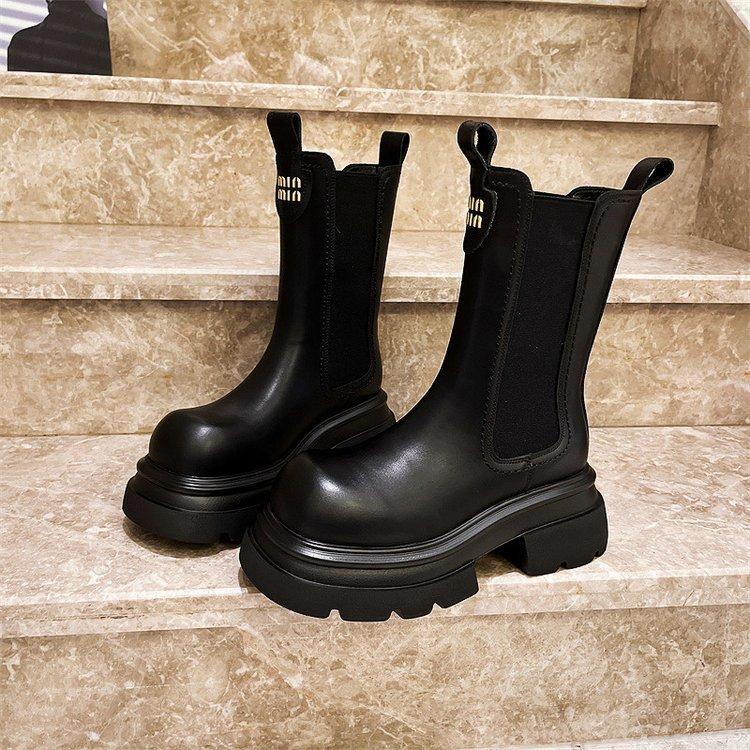 

Европейские кожаные полусапоги, сапоги-сигареты, женские ботинки Мартин 2025 новые на толстой подошве с увеличением высоты, тонкие ботинки челси для женщин 40