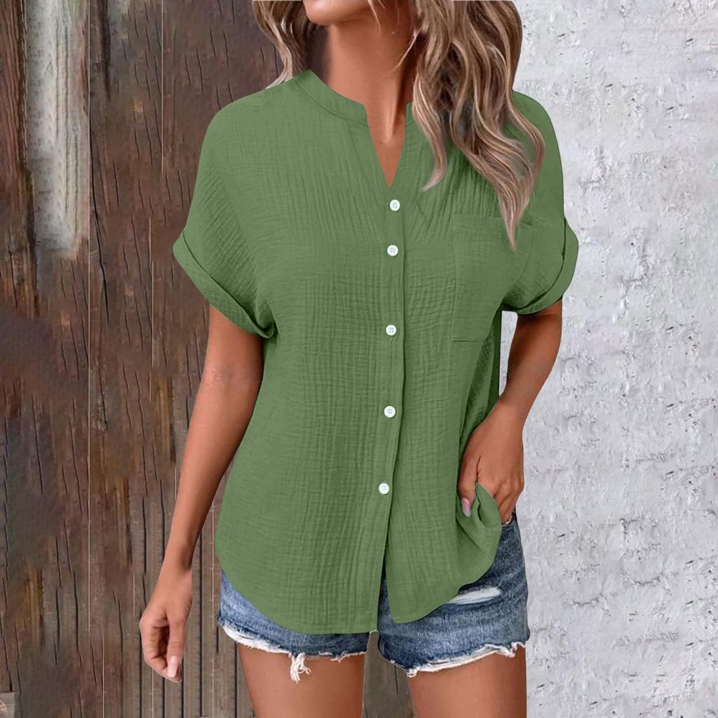 Women's Color Shirt Casual Short Sleeved Button Up Shirt For Women