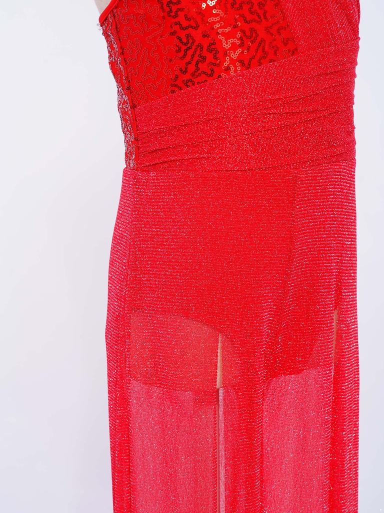 Salopetă Lirică pentru Fete Copii: Body fără mâneci cu guler înalt și spate cu bretele încrucișate, cu paiete strălucitoare și plasă irizată, cu craci largi