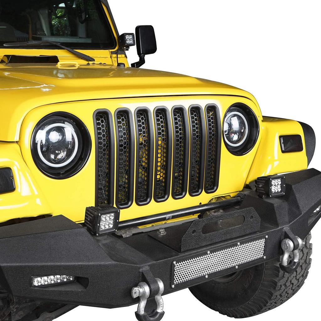 Hooke Road Wrangler Grill Mesh Erts Front Grille Guard Cover Clip-In Matte Black For 1997-2006 Jeep Wrangler TJ & Unlimited (Pack Of 7)