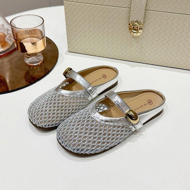 Silver flat bottom hollow bag head half slippers women's outer wear 2025 spring and summer with skirt breathable versatile cool slippers