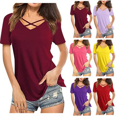 Women's Fashion Casual Color Blouse Cross Front V-Neck Short Sleeve Top