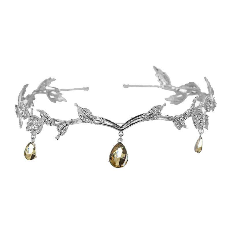 Korean Style Bridal Crown Leaf Water Drop Alloy Eyebrow Pendant Crown Baroque Princess Headband Retro Rhinestone Hair Accessories