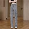 Women's Black And White Gingham Elastic Waist Wide Leg Pants