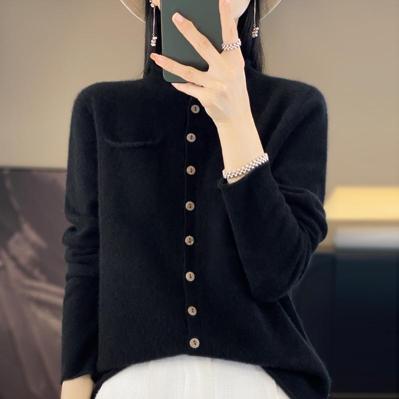 YYFS Women's Cashmere Crew Neck Cardigan Qinghe Cashmere 30% Cashmere 70% Wool Winter Knitted Pullover Autumn Sweater Cashmere Sweater