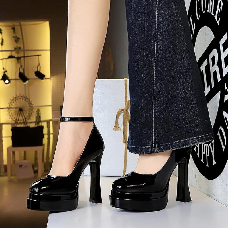 Fashion Round-Toe Single Shoes For Women With High Heels Double-Layer Waterproof Platform Patent Leather One-Length Strip Light Mouth