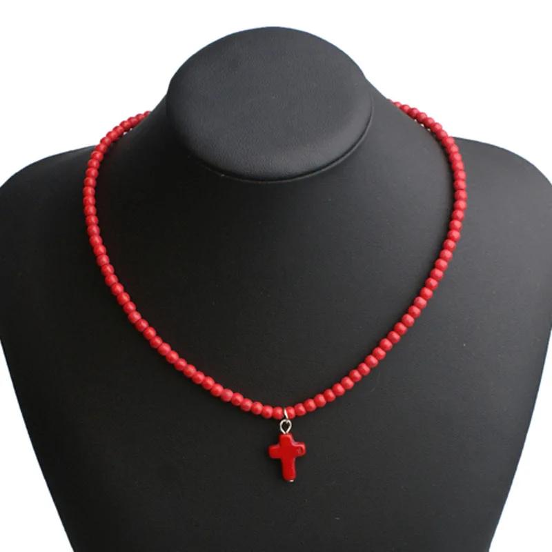 

New Bohemia Women Choker Necklace 16 Inch Natural Blue Red Howlite Stone Short Cross Colar Beach Surfing Casual Neck Accessories червоний