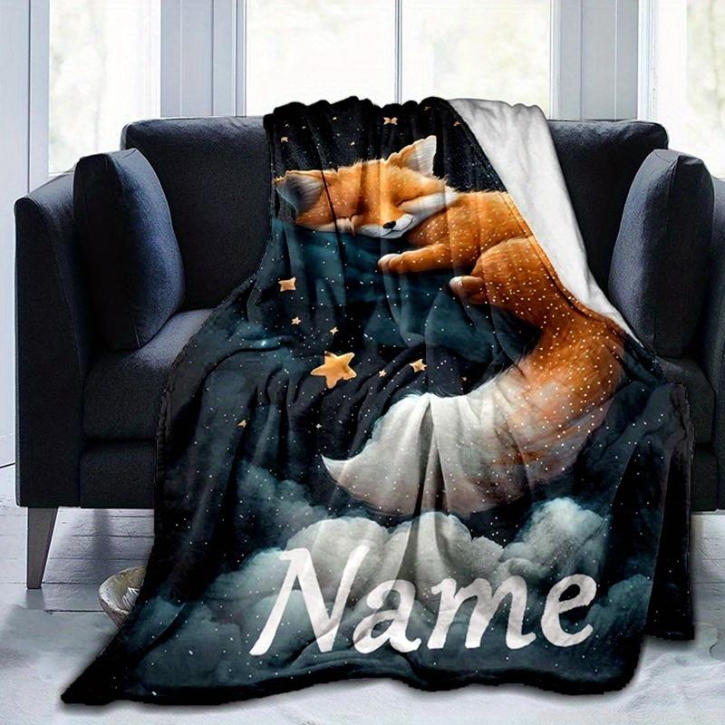 Personalized Custom Name Fox Design Throw Blanket Ultra-Soft Lightweight and Machine Washable for Sofa Bedroom Travel-Friendly