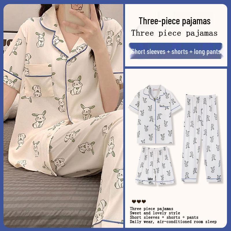 Women's Soft & Cute Rabbit Pajamas, Japanese Milk Tone, Cartoon Style, Girly Short-Sleeve 3-Piece Set