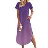 Women's Long Skirt Casual V-neck Long Shirt Dress Loose Slit Holiday Short Sleeve Dress