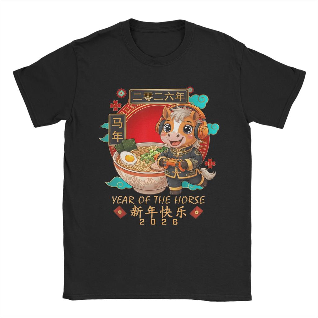Men Year of The Horse 2026 Chinese New Year Gamer Horse Ramen T Shirts Cotton Clothing Awesome Short Sleeve Round Collar Tees