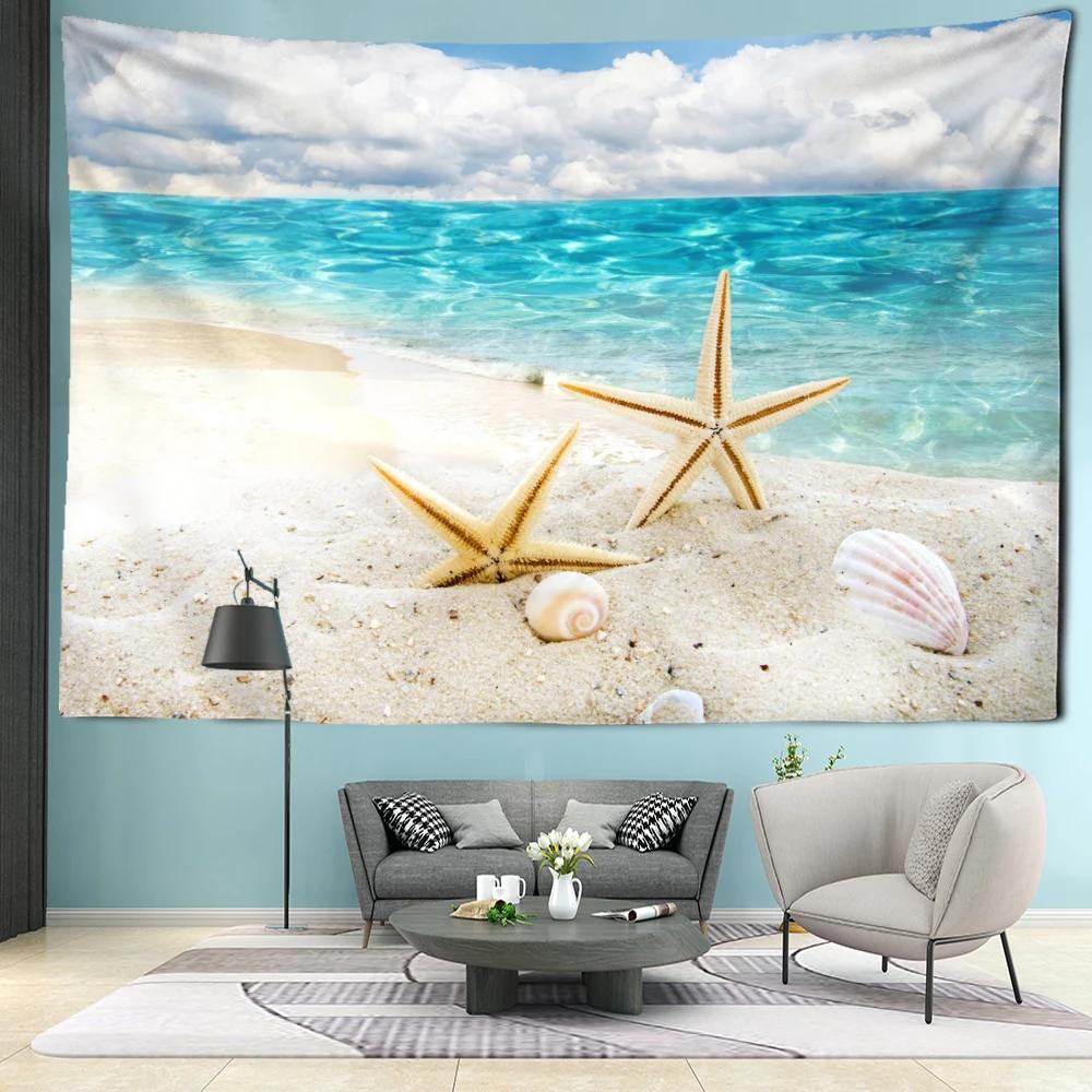 Beach Starfish Scenery Tapestry Wall Hanging Natural Minimalist Art Bohemian Hippie Bedroom Living Room Home Decor