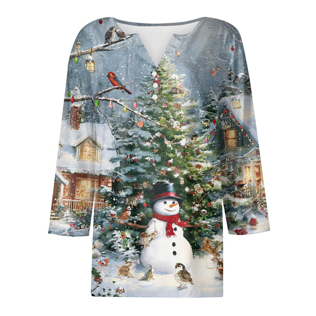 Women's Fashion Casual Halloween Printed V-Neck Short Sleeve Decorative Button Three-quarter Sleeve T-shirt Top