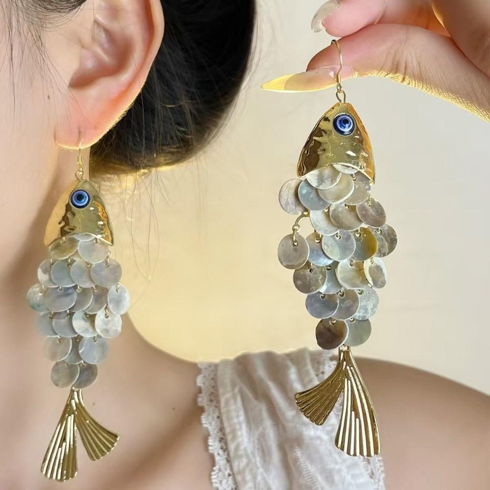 Personality Fish-shaped Earrings Scaly Dangle Earrings Imitation Shell Tassel Earrings  Festival