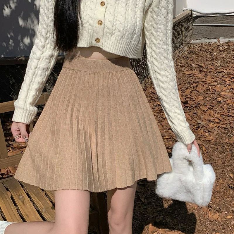 

High Waisted A- Line Knitted Short Skirt High Waist A- line Knitting Pure Color Skirt Khaki One size