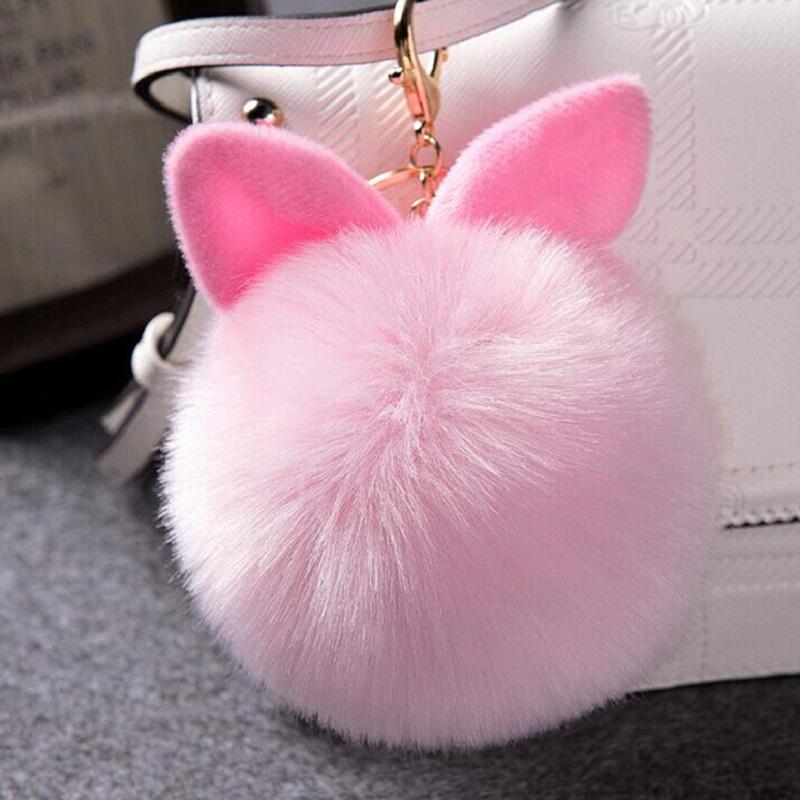 Cute Fluffy Bunny Toys Bear Keychain Rabbit Ear Key Chain Fur Woman Bag Charms Keyring Pom  Charm Pendant