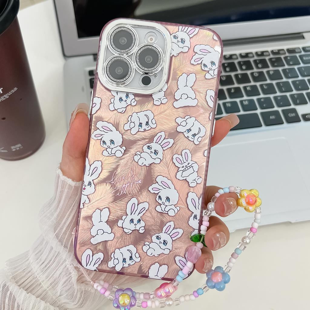 For iPhone 16 Pro Max Case IMD Cartoon PC+TPU Back Cover with Glass Lens Film,Beaded Strap