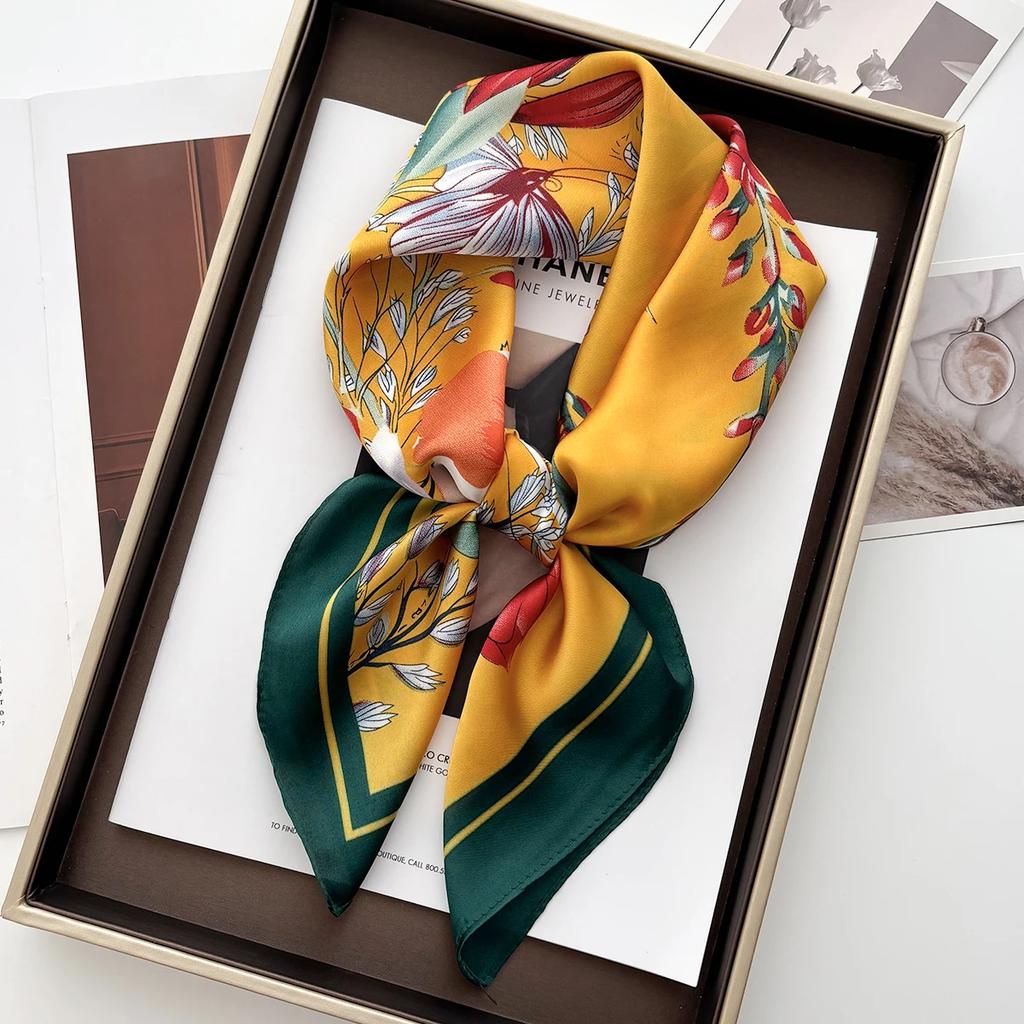Fresh Elegant Print Brand Scarves Soft Satin Square Scarves Neckerchief Women Shawls Hijab Scarf Bandana 70X70CM