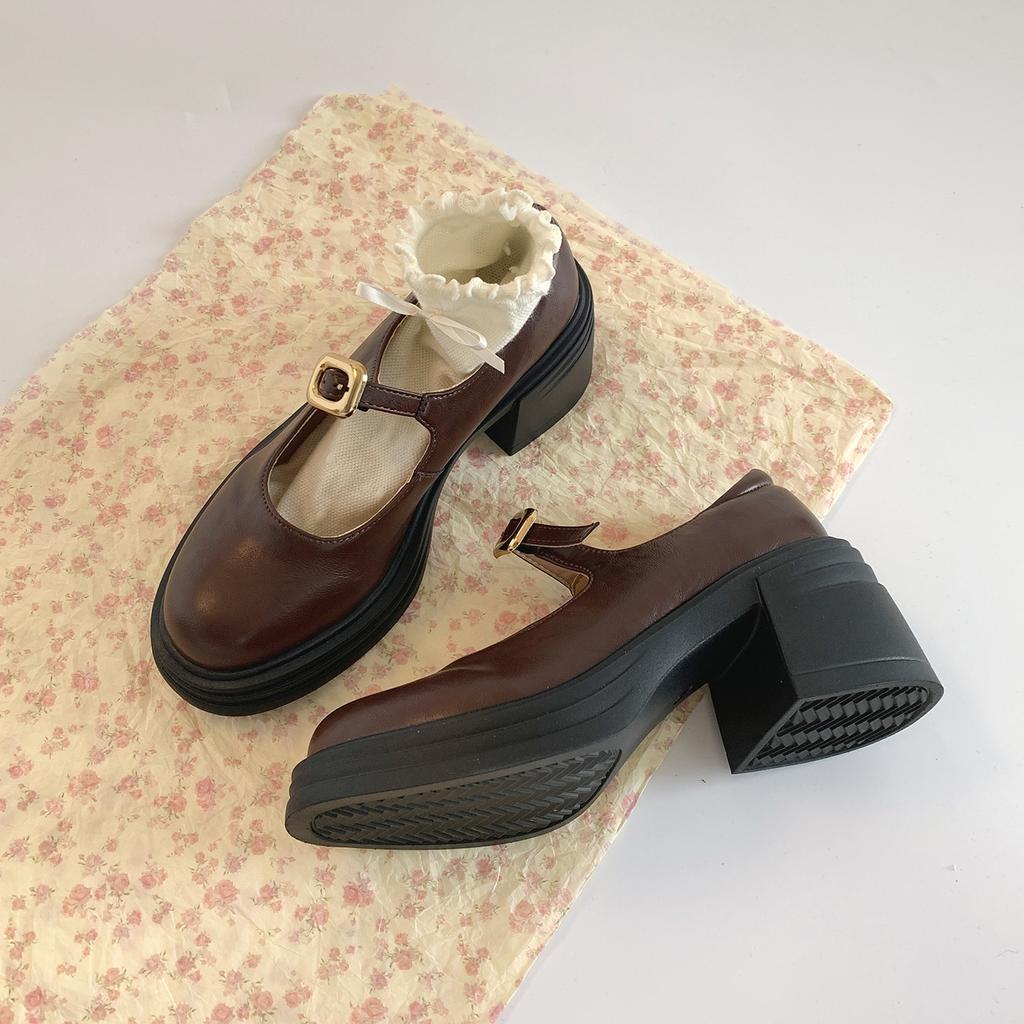 Retro brown small man thick heel heightened small leather shoes women's 2025 new summer skirt Mary Jane single shoes
