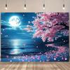 1pc Cherry Blossom Moonlit Lake Night Tapestry Japanese Sakura TreeWall Art Bedroom Decor Romantic Spring Landscape Petals Print