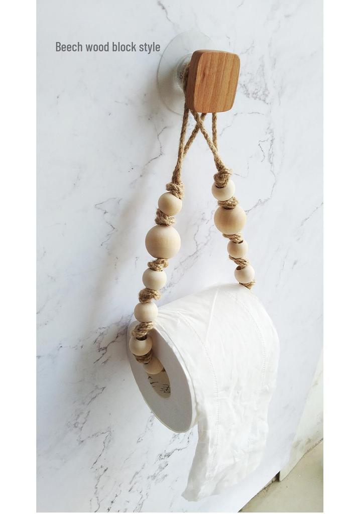 Hand-Woven Toilet Paper Holder with Hemu Beads and Hemp Rope, No-Punch Installation