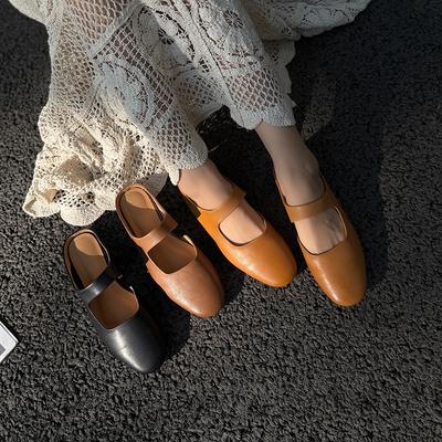 Retro Okrągły Nosek Prawdziwa Skóra Miękka Podeszwa Kapcie Outdoor Wszechstronne Płaskie Damskie Wsuwane Buty