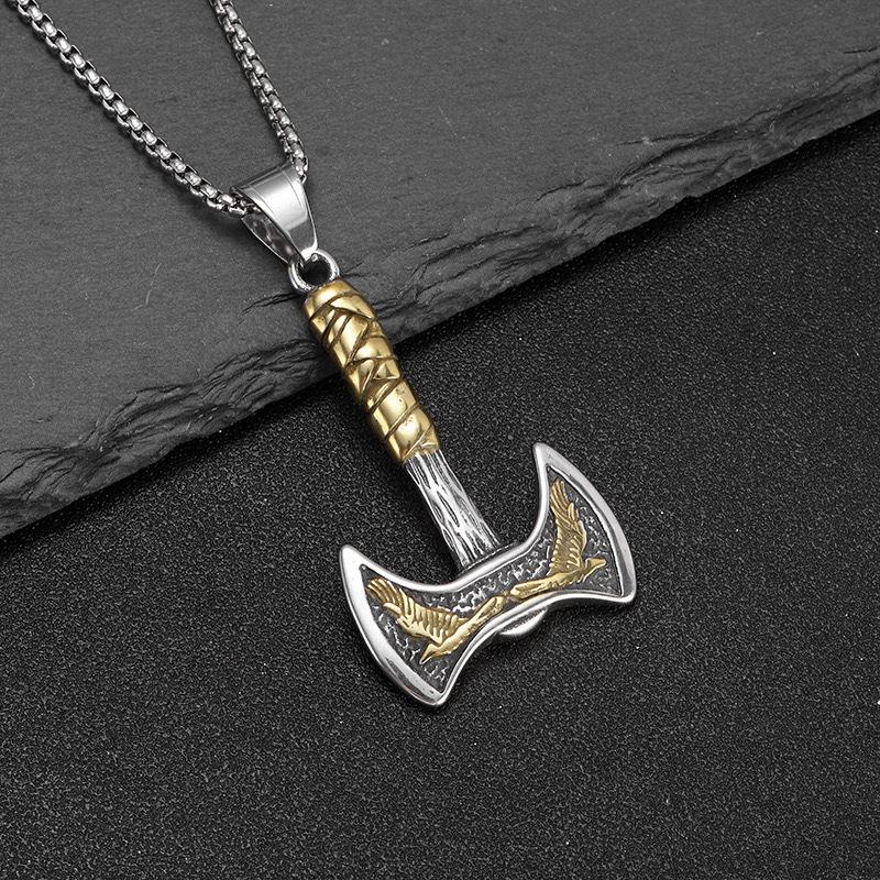 Nordic Viking Raven Axe Titanium Steel Personality Vintage Pendant Necklace Men's Hip Hop