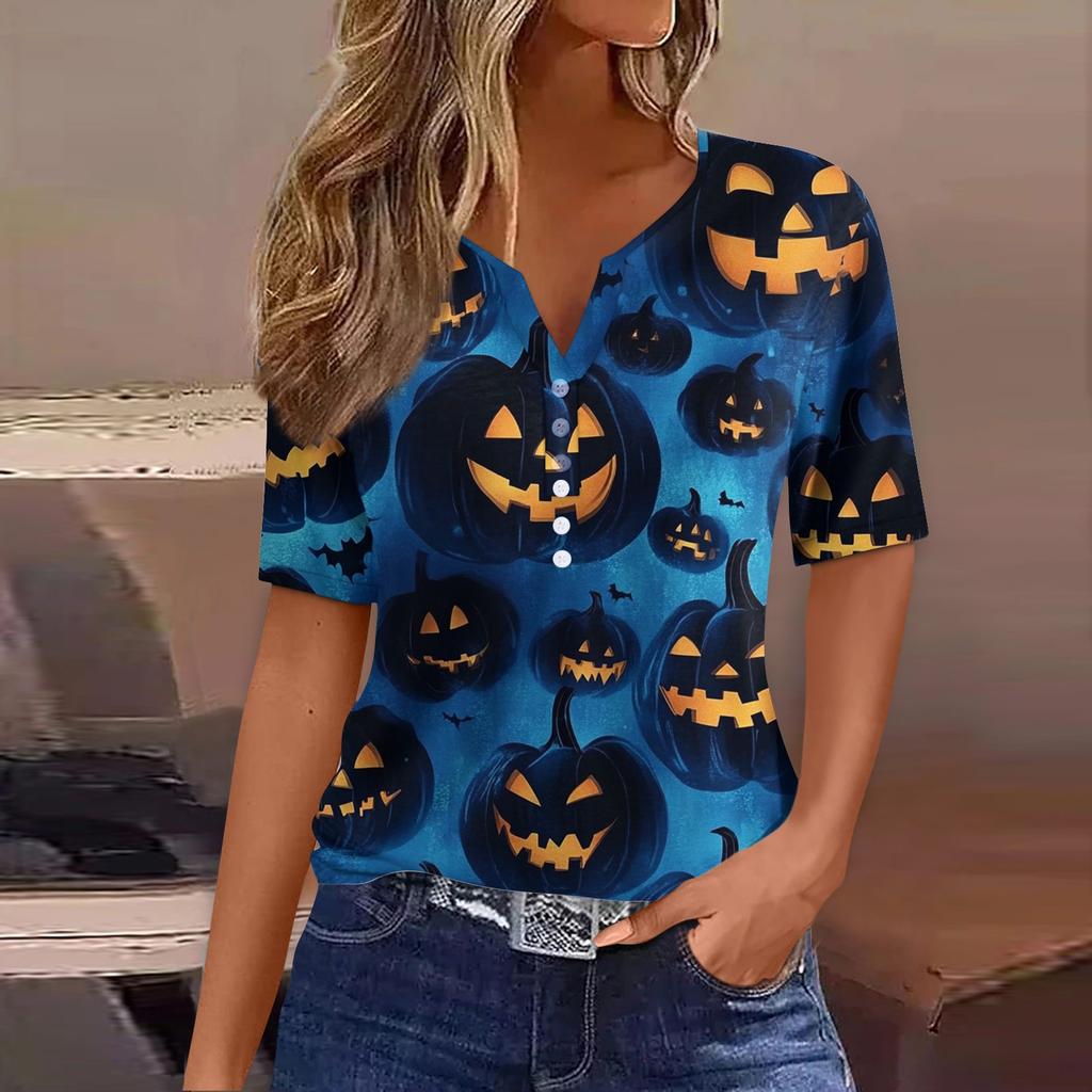 Women's T Shirt Tee Halloween Printed Button Short Sleeve Tunic Daily Weekend Fashion Basic V- Neck Regular Top