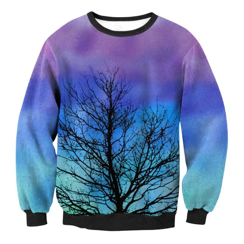 Halloween new threaded crew neck sweater digital printing branches gradual change color personality casual sweater women