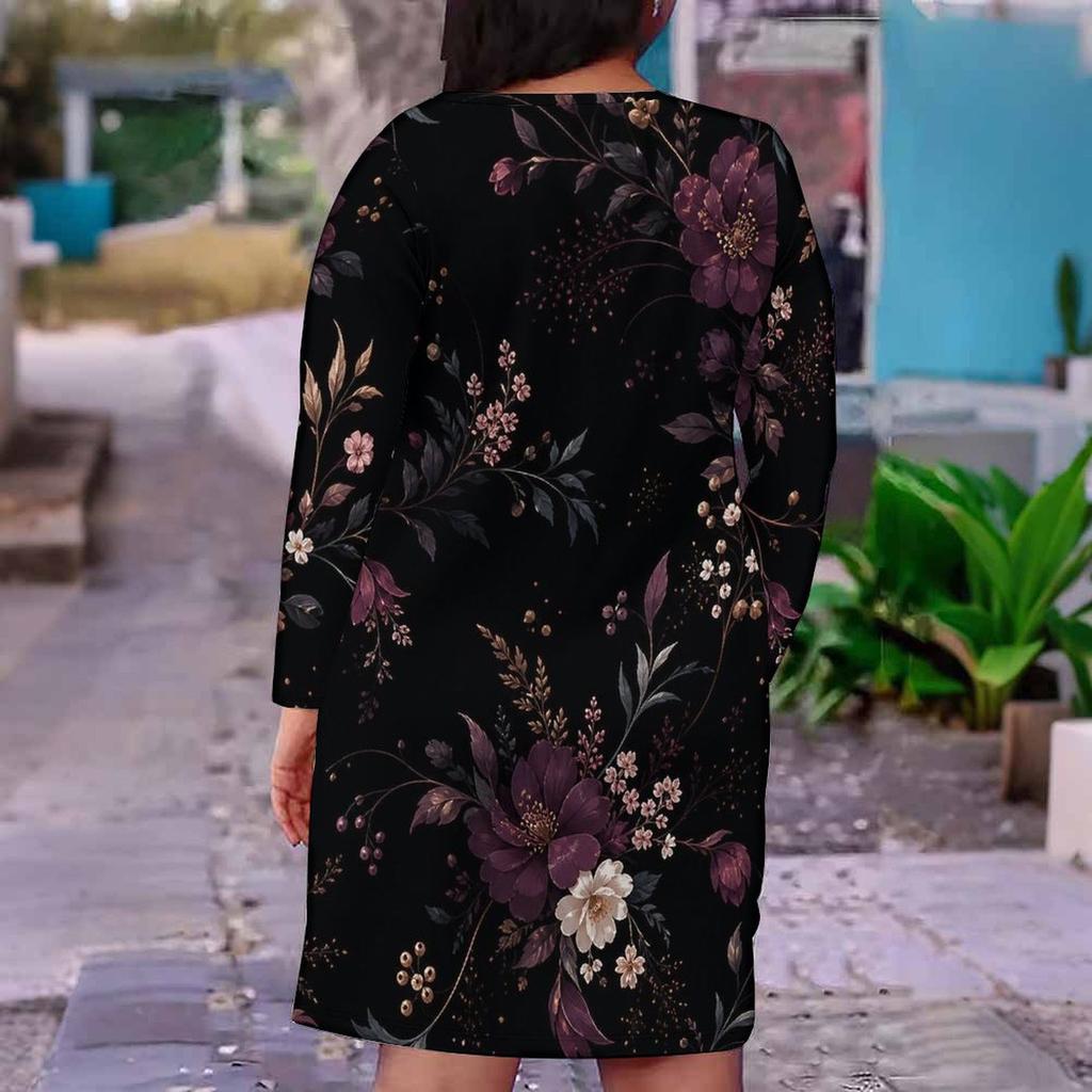 Women Plus Size V Neck Long Sleeve Black Printed Fitted Straight Dress