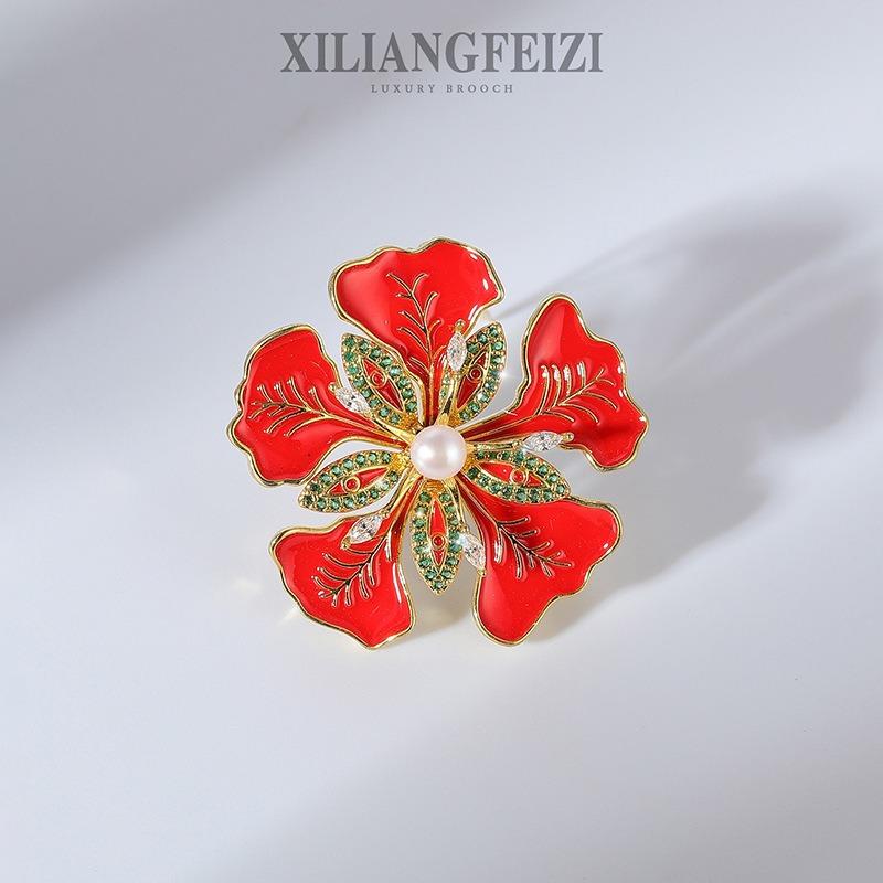 Vintage Enamel Phoenix Flower Brooch, Haute Couture Accessories Wedding Brooch Freshwater Pearl Pin