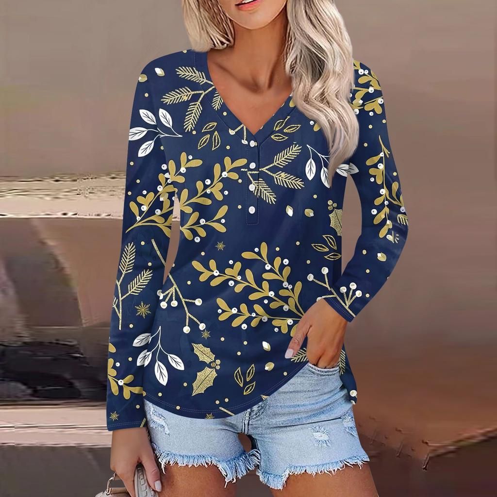 Dámská móda ležérní top s květinovým potiskem s dlouhým rukávem a výstřihem do V