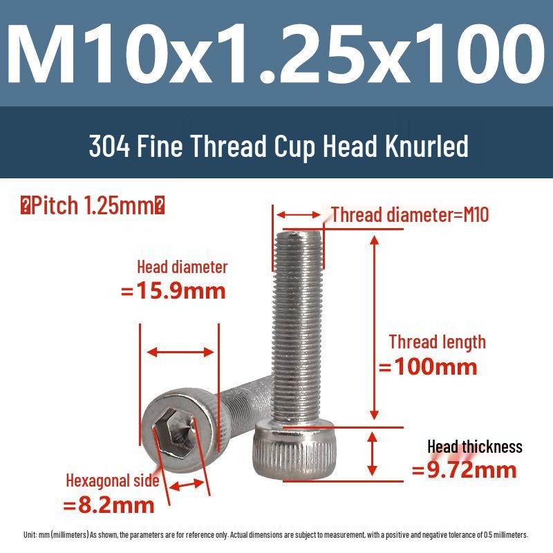 Yigu Fine Thread Knurled Socket Head Screws, 304 Stainless Steel, M3-M12